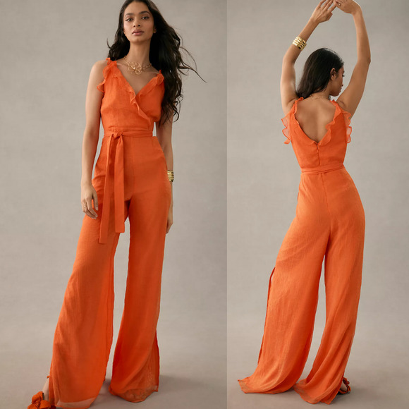 NWT Hutch Ruffle-Trim Orange Flowy Jumpsuit - Size 8 - Picture 1 of 7